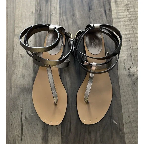 Gucci Bronze Leather Ankle Wrap Sandals Size 39 US Size 9 Made In Italy - Picture 2 of 12